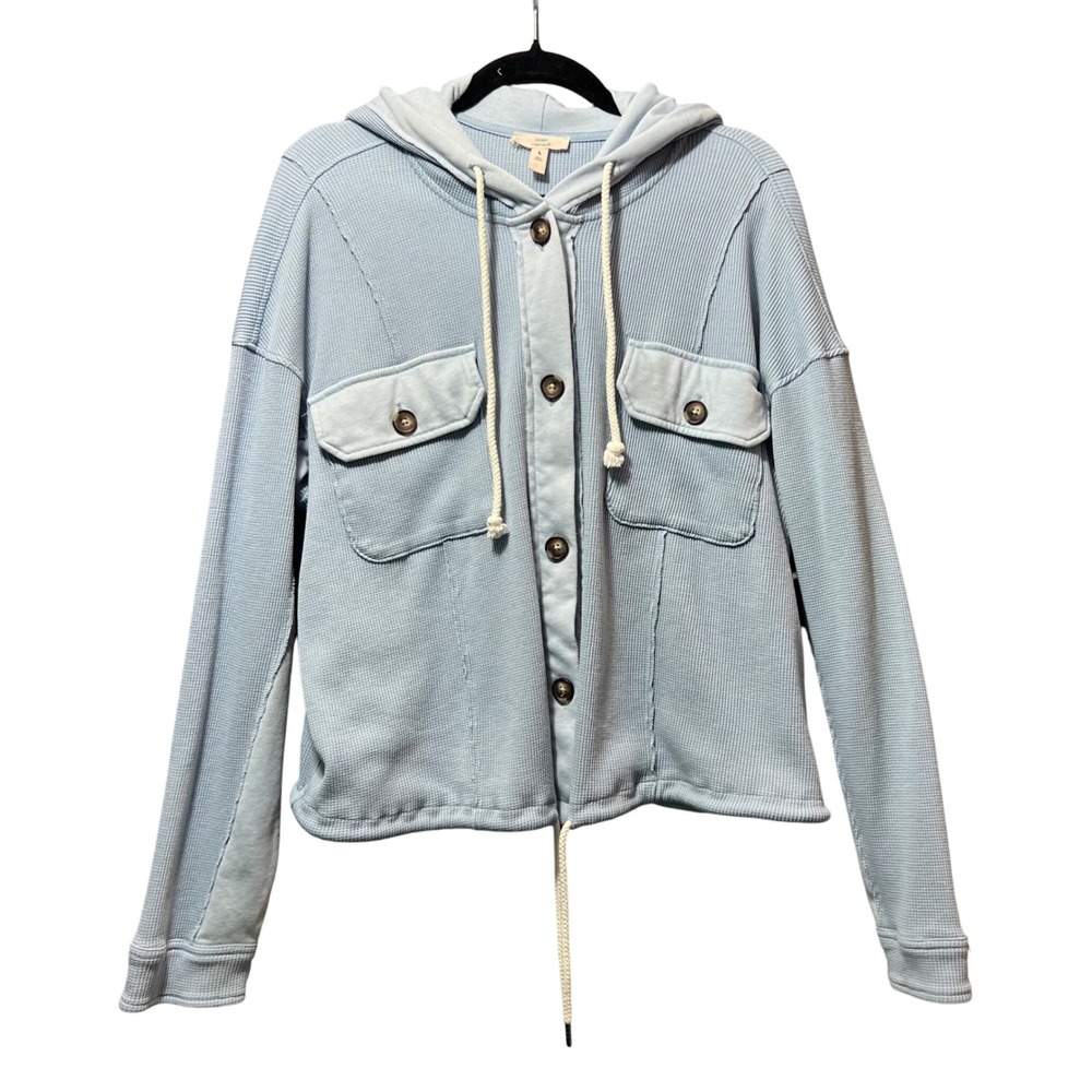 COMO VINTAGE Light Blue Waffle Knit Hooded Button Front‎ Shacket Size L
